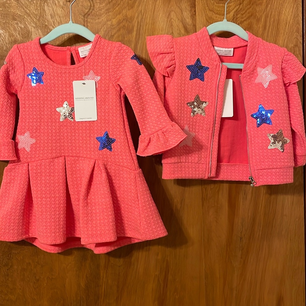 NWT Kidding Around 12m baby girl hot pink dress & zip jacket